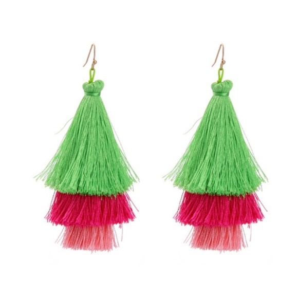 Green and Pink Tassel Dangle Drop Earrings - Picture 1 of 7
